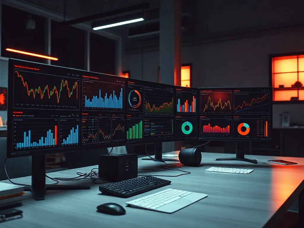 Professional workspace with multiple monitors showing data c