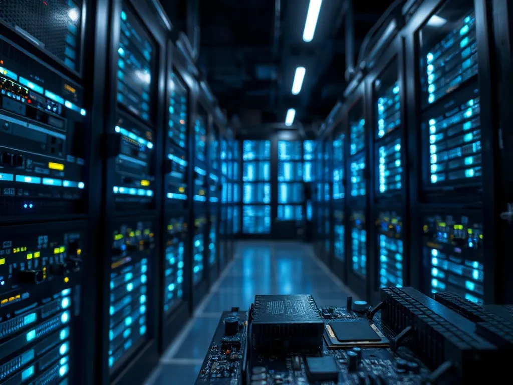 High-tech server room with glowing blue and white led lights