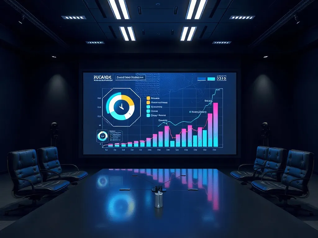 High-tech dark office interior with a large glowing presenta